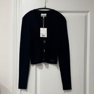 NWT Ganni v neck cropped Black Ribbed Women's Cardigan size xl